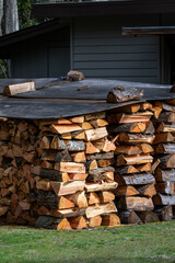 Large stack of freshly cut and split logs into firewood, covered to protect from weather, on lawn in side yard of house, winter heat source
