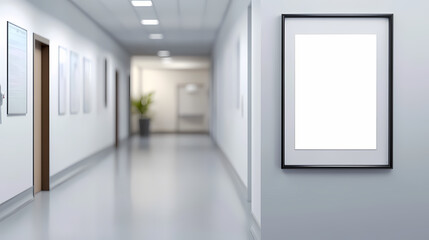 Blank empty white picture frame mockup in a hospital corridor, with blurred room background. Silence - Desert. Illustration