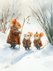 A snowdrop flower in the snow,  an adorable little mole with two cute mice, watercolor illustration