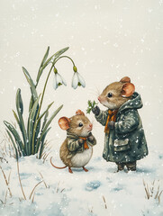 A snowdrop flower in the snow,  two cute mice, watercolor illustration