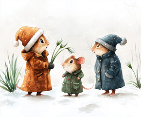 A snowdrop flower in the snow,  an adorable little mole with two cute mice, watercolor illustration