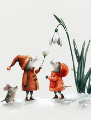 A snowdrop flower in the snow,  two cute mice, watercolor illustration
