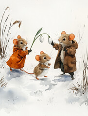 A snowdrop flower in the snow,  an adorable little mole with two cute mice, watercolor illustration