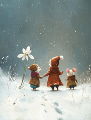 A snowdrop flower in the snow,  an adorable little mole with two cute mice, watercolor illustration