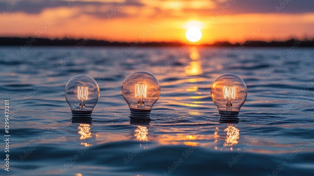 Poster a set of artistic abstract light bulb reflections on a glossy surface, creating a surreal effect.