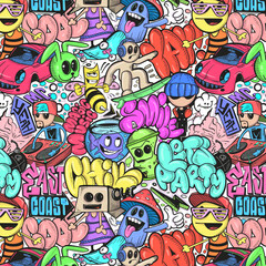 Fototapeta premium Abstract seamless comics graffiti pattern. T-shirt design, textile, banner.