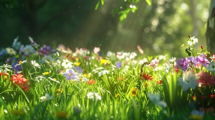 A spring meadow filled with blooming wildflowers, with soft sunlight illuminating the fresh green grass and colorful petals.