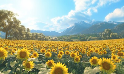 Obraz premium Scenic open field filled with blooming sunflowers under a vivid blue sky, capturing the essence of summer warmth and joy.