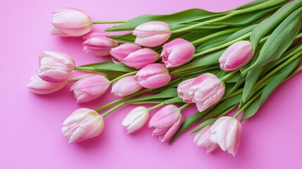 Fototapeta premium A single bouquet of tulips placed diagonally on a pink background, their petals gracefully open.