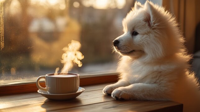 Fluffy Samoyed puppy gazing at hot cocoa in golden-hour light