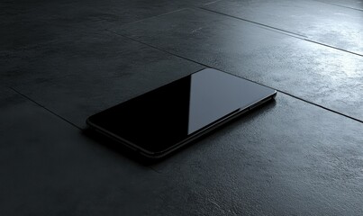 Sleek modern smartphone with a dark reflective screen resting on a minimalistic black surface, surrounded by clean lines.