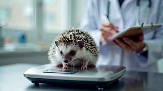 Veterinarian is taking notes on a clipboard while weighing a small hedgehog on a digital scale during a routine checkup in veterinary clinic, ensuring the animal's health and well-being
