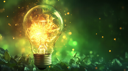 Green eco friendly lightbulb, green energy innovation concept. Energy - Fire. Illustration