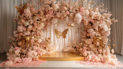 A stunning D floral arch surrounds a golden butterfly podium adorned with pink rose petals, creating a dreamy showcase display.