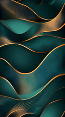 Modern wallpaper, abstract shapes in gold and teal green colors with waves and lines
