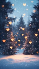 Naklejka premium Evening Snow Scene Illuminated With Floating Heart Shaped Lights