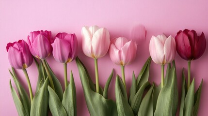 Fototapeta premium A stunning floral bouquet with tulips in various shades of pink, arranged elegantly on a pink background.
