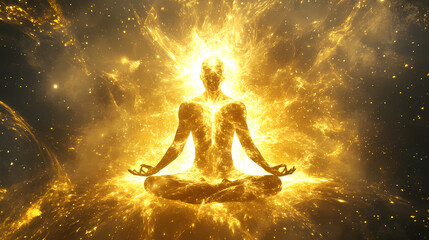 Radiant meditative figure bathed in golden cosmic energy symbolizing spiritual awakening enlightenment and the power of universal connection. Energy - Fire. Illustration