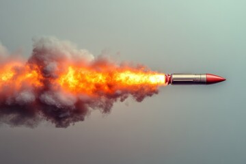 A ballistic missile launches, leaving a fiery trail of smoke and exhaust in the sky.