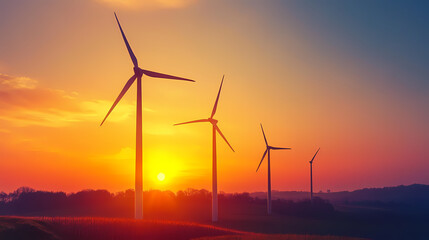 Obraz premium Vibrant sunset over wind turbines with energy impact statistics illustrating the transition to renewable sources and sustainable landscapes. Energy - Fire. Illustration