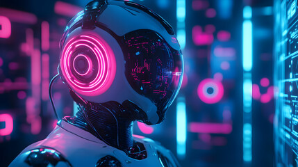 Fototapeta premium A futuristic artificial intelligence projecting holographic worlds with dynamic structures, digital landscapes, and bright neon accents.