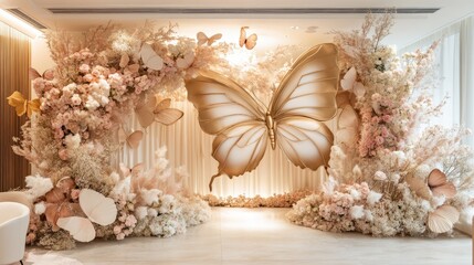 Graceful beauty display with a golden butterfly stage, pink roses, and a floral arch for an elegant spring event.