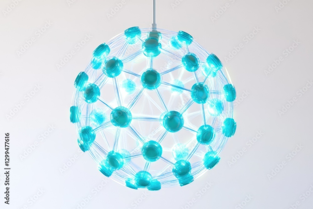 Poster a spherical network of interconnected nodes, glowing cyan, representing global connectivity or a com