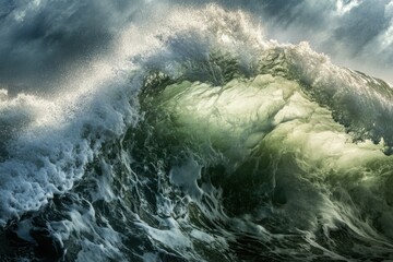 Fototapeta premium A powerful, dramatic ocean wave crashes, showcasing its intense energy and turbulent beauty.