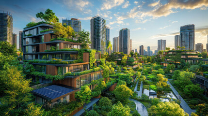 Fototapeta premium Future city skyline. Green buildings growing. Sustainable architecture with trees and solar panels. Urban landscape showing nature and modern buildings. Cityscape aerial view.