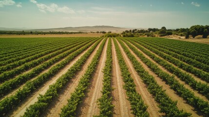 Vineyard landscape view from above. Rows of green plants in field. Farmland with mountain in the background on a sunny day. Rural area with trees.