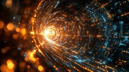Data stream tunnel with glowing lights; futuristic tech usage, network traffic