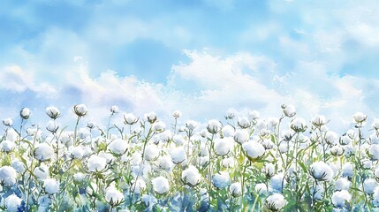 A vibrant field of organic white cotton plants under a clear blue sky, artistic watercolor illustration, gentle pastels, serene and sustainable atmosphere