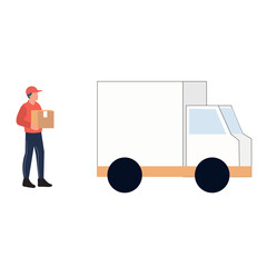 Delivery Person with Cardboard Box Approaching a White Delivery Truck
