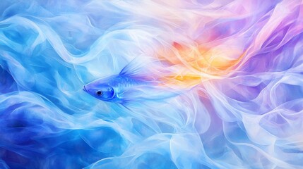 A surreal watercolor painting of a blue tang fish, its fins swirling into waves of vibrant blues and purples, set against an ethereal underwater dreamscape
