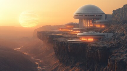 Obraz premium Majestic Martian sunrise over a terraformed valley with glowing dwellings and observatory