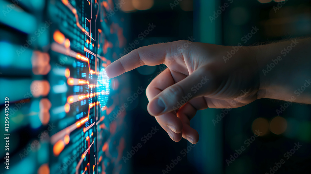 Poster a hand reaches out to touch a glowing interface of a high-tech server, showcasing data interaction a