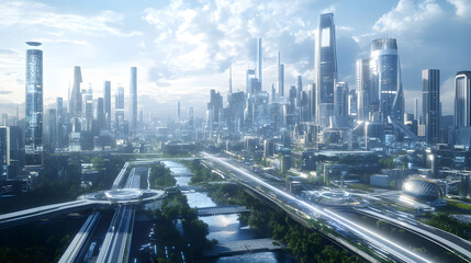 Obraz premium A futuristic cityscape with advanced zero-emissions zones where eco-friendly transportation, smart energy grids, and green infrastructure create a harmonious and sustainable urban life.