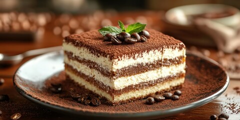 Delicious dessert served on a plate with cocoa powder, coffee beans, and a mint leaf in a cozy setting