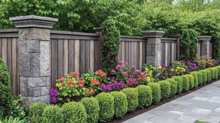 Mixed-material fence with wood and stone bordered by vibrant flowers and shrubs in garden