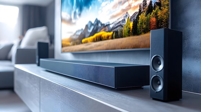 Modern smart tv connected with sound bar. Home entertainment system. Tech, visual, audio entertainment. Stylish interior design. Living room setup. High-quality image, beautiful landscape view,
