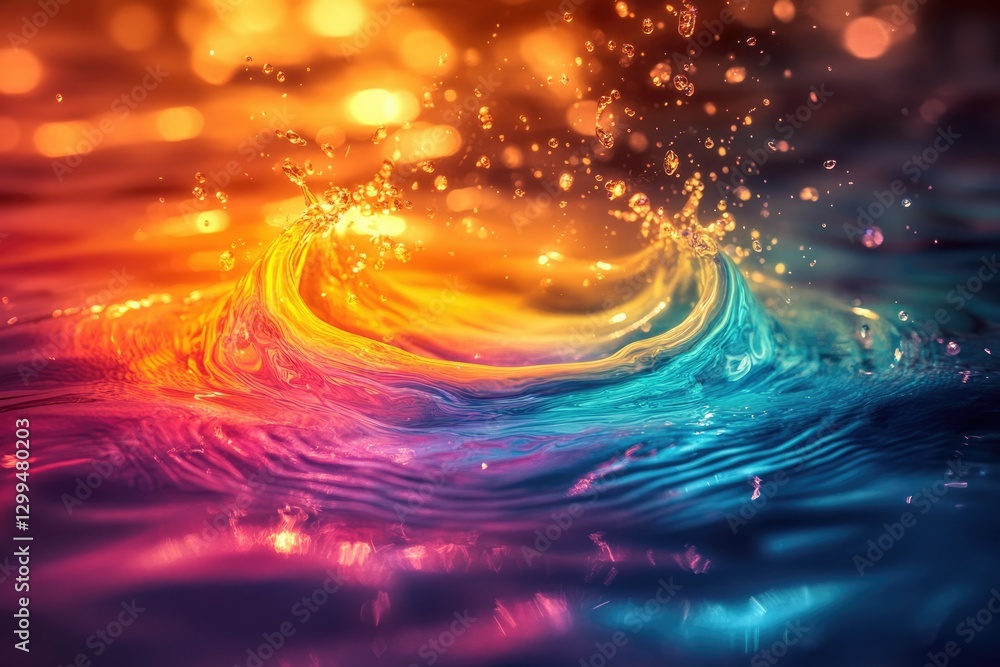 Poster vibrant water splash with colorful ripples and bokeh lights creating a mesmerizing abstract art.