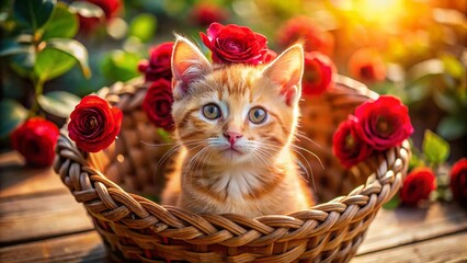 Cute Orange Kitten with Rose in Wooden Basket - Drone Aerial View