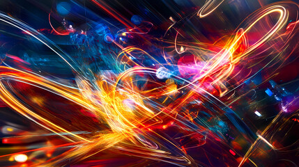 Obraz premium A vibrant depiction of colorful light trails representing speed and movement in a futuristic setting. Energy - Fire. Illustration