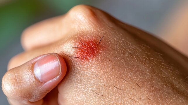 Close-up view of inflamed skin on a hand due to mosquito bites, featuring a person scratching the red, itchy area for relief