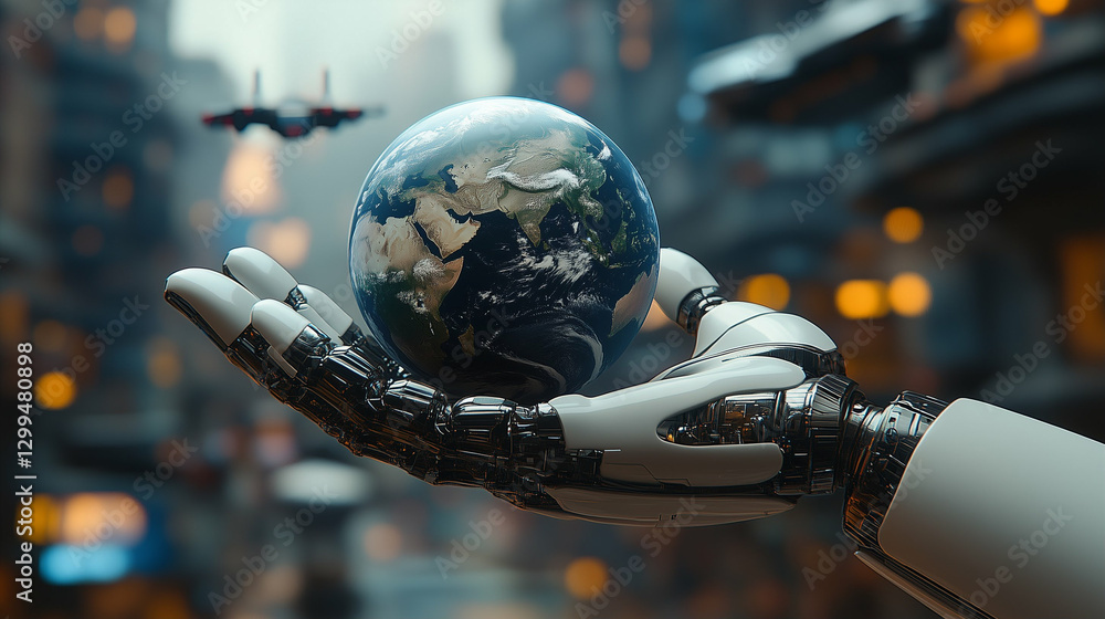 Poster robot hand holding earth globe in futuristic city. the robot arm holds the world in its palm with a 