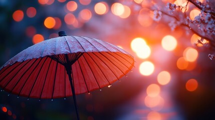 Japanese umbrella in garden at dusk