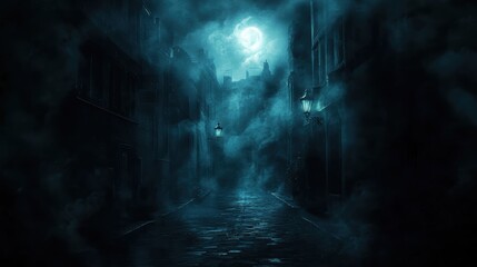 Mysterious moonlit alley, dark and eerie.