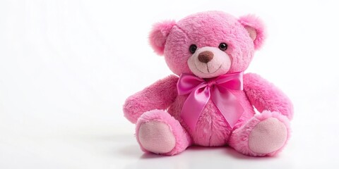 Cute Pink Teddy Bear Plush Toy with Bow, Isolated on White Background