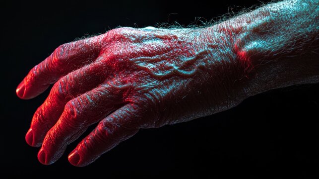 A high-resolution macro view of a hand with inflamed mosquito bites, showing raised red bumps and skin texture under harsh lighting
