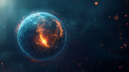 Obraz premium Abstract polygonal planet earth with hologram on dark blue background. Energy - Fire. Illustration
